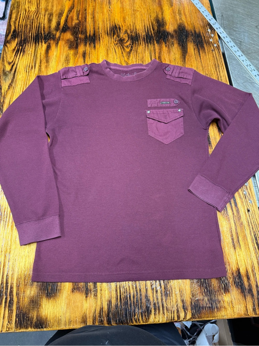 Women’s Long Sleeve Crewneck Top in Plum with Pocket Detail